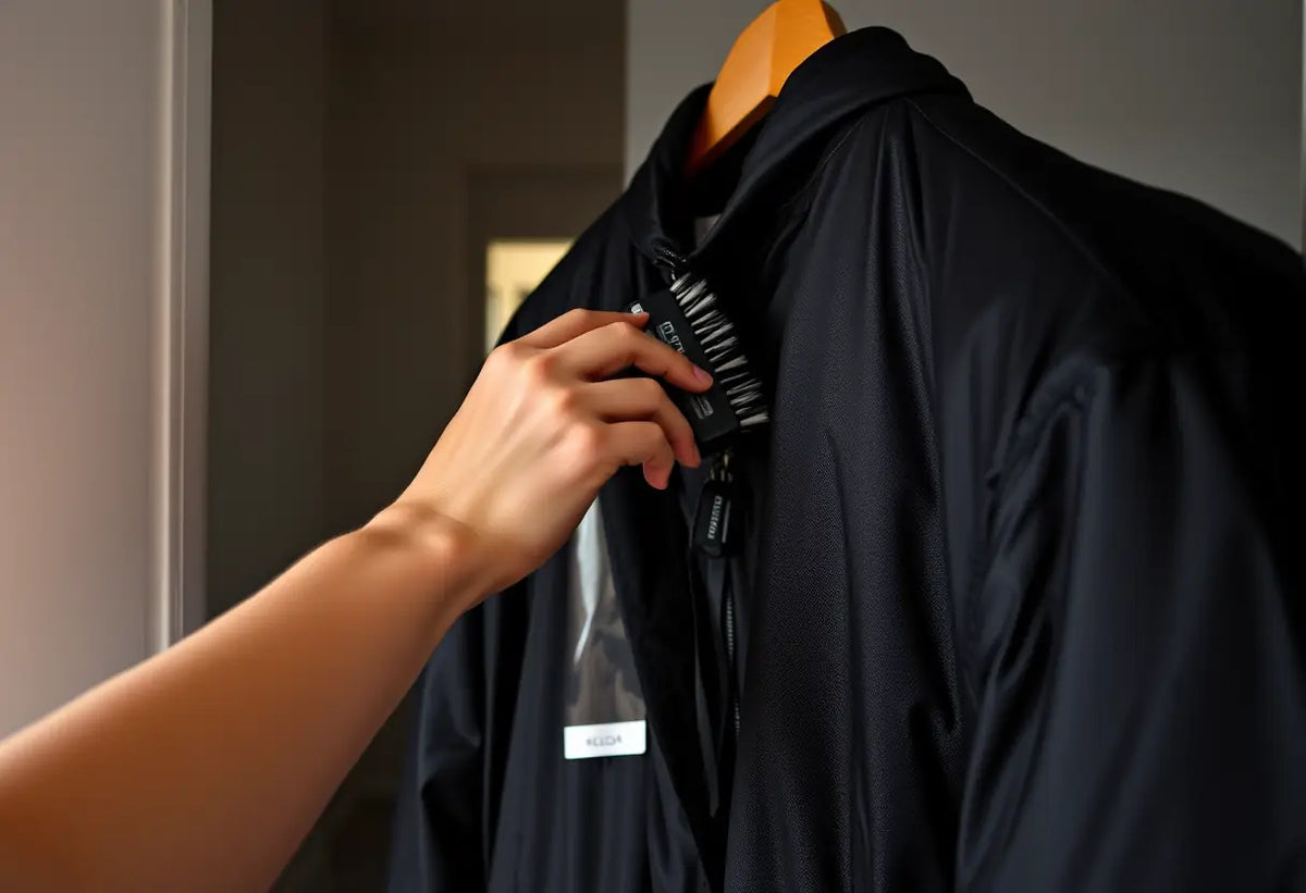 Une main élimine les bouloches d'un manteau synthétique accroché dans une penderie, éclairé par la lumière du couloir.