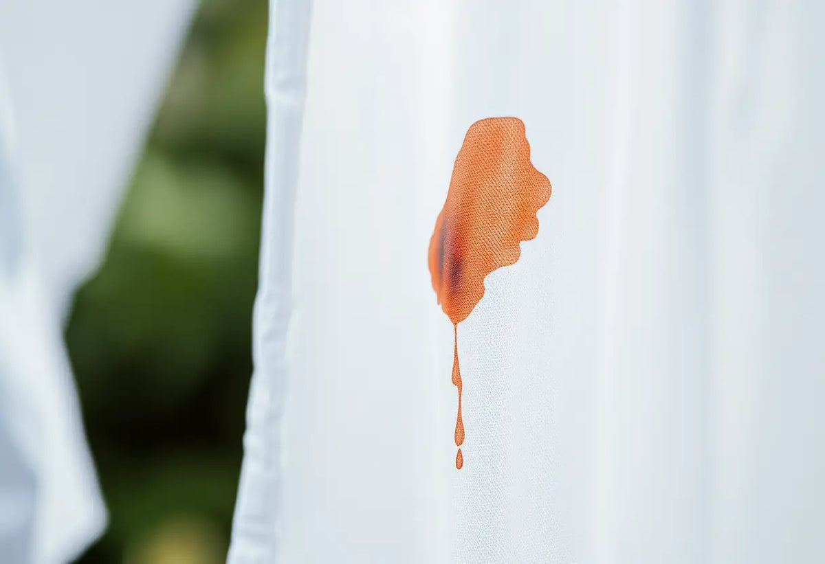 Un plan rapproché d'une chemise blanche accrochée à une corde à linge, une tache fraîche de fiente de pigeon est bien visible.