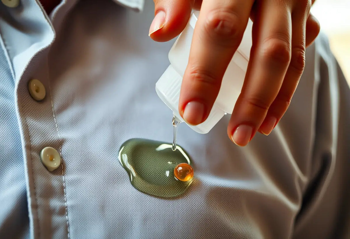 Main appliquant délicatement un produit nettoyant sur un chemisier dans la cuisine