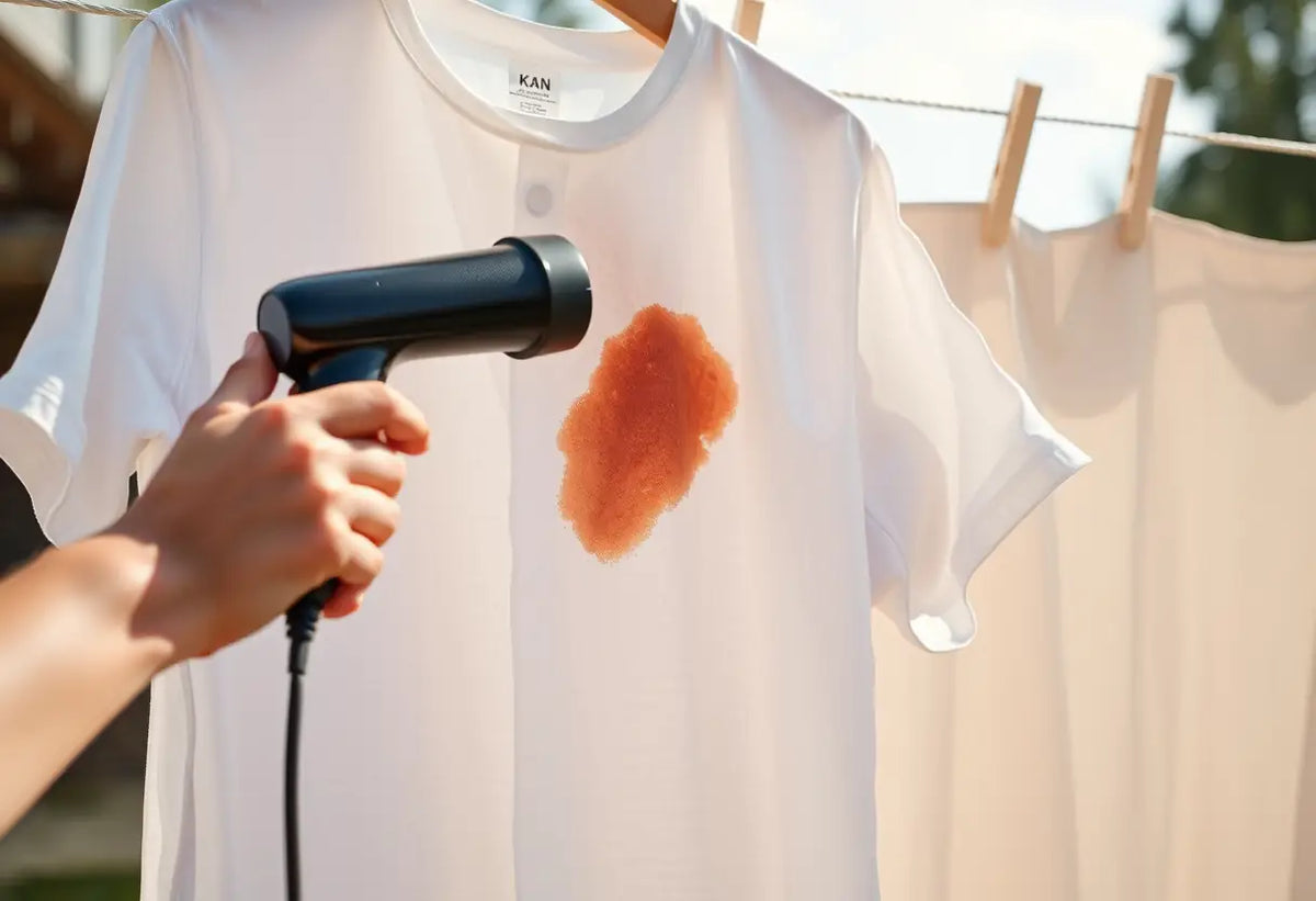 Une main utilise un sèche-cheveux pour traiter une tache sur un t-shirt en coton à l'extérieur.
