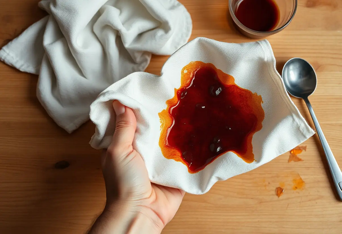 Une main tient un morceau de tissu maculé de cire d'épilation sur une table en bois avec des outils.