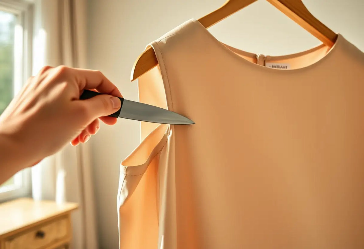 Main de femme retirant de l'adhésif d'une robe en soie