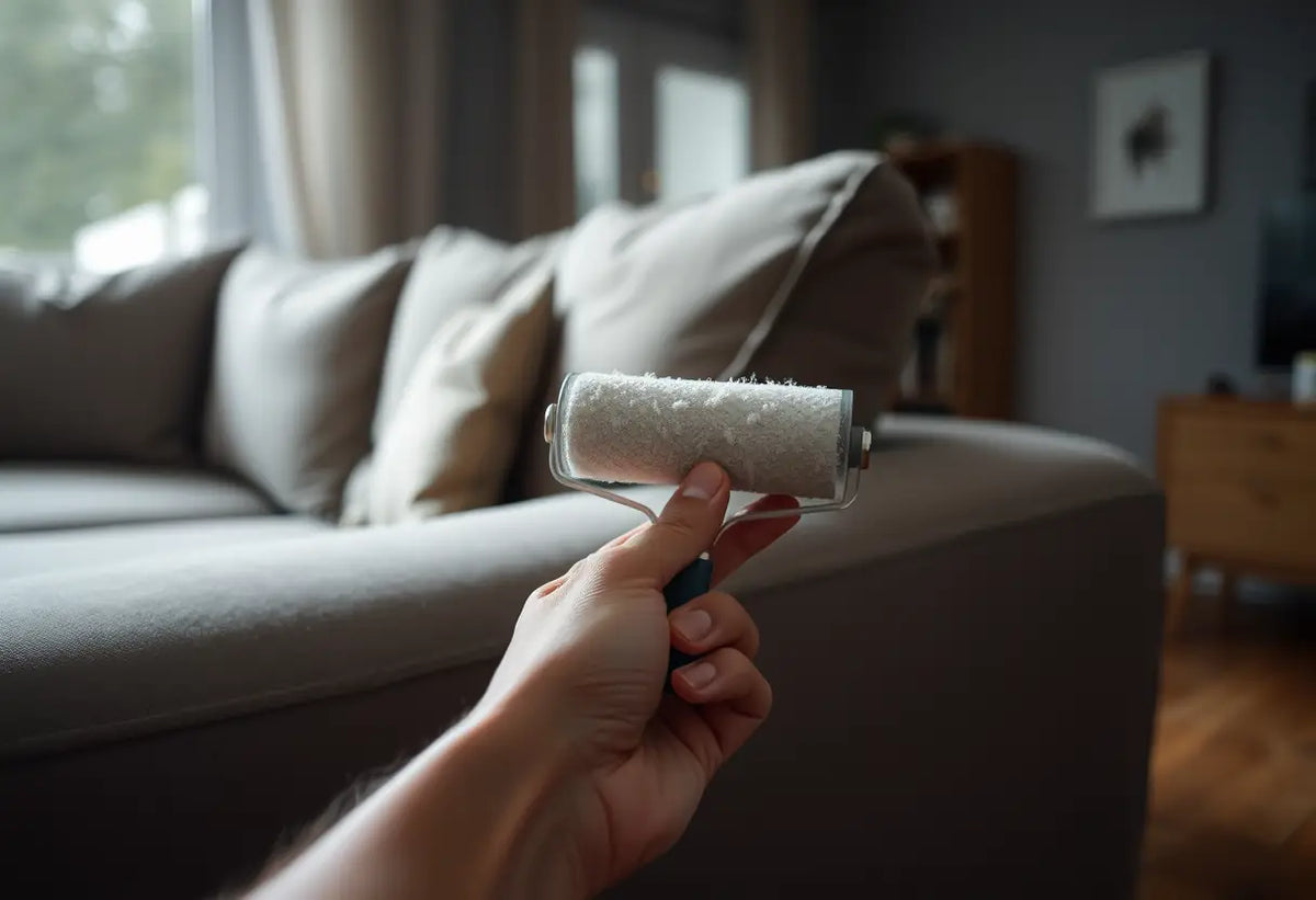 Une main tient un décapeur à côté d'un canapé dans un salon, la pièce est éclairée de manière feutrée, l'accent mis sur les textiles.