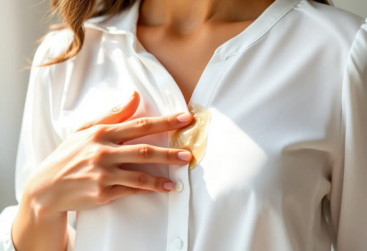 Main: une main féminine frottant délicatement une robe blanche maculée de colle