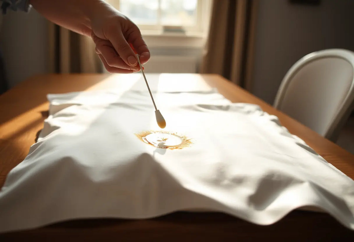 Des mains tenant un coton-tige imbibé de vinaigre blanc près d’une tache sur un coussin en satin