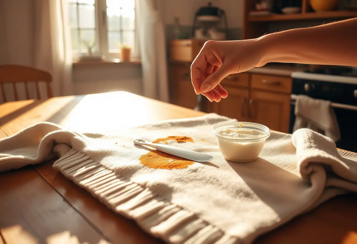 Une main applique délicatement une pâte de bicarbonate de soude sur un pull taché posé sur une table en bois dans une cuisine accueillante.