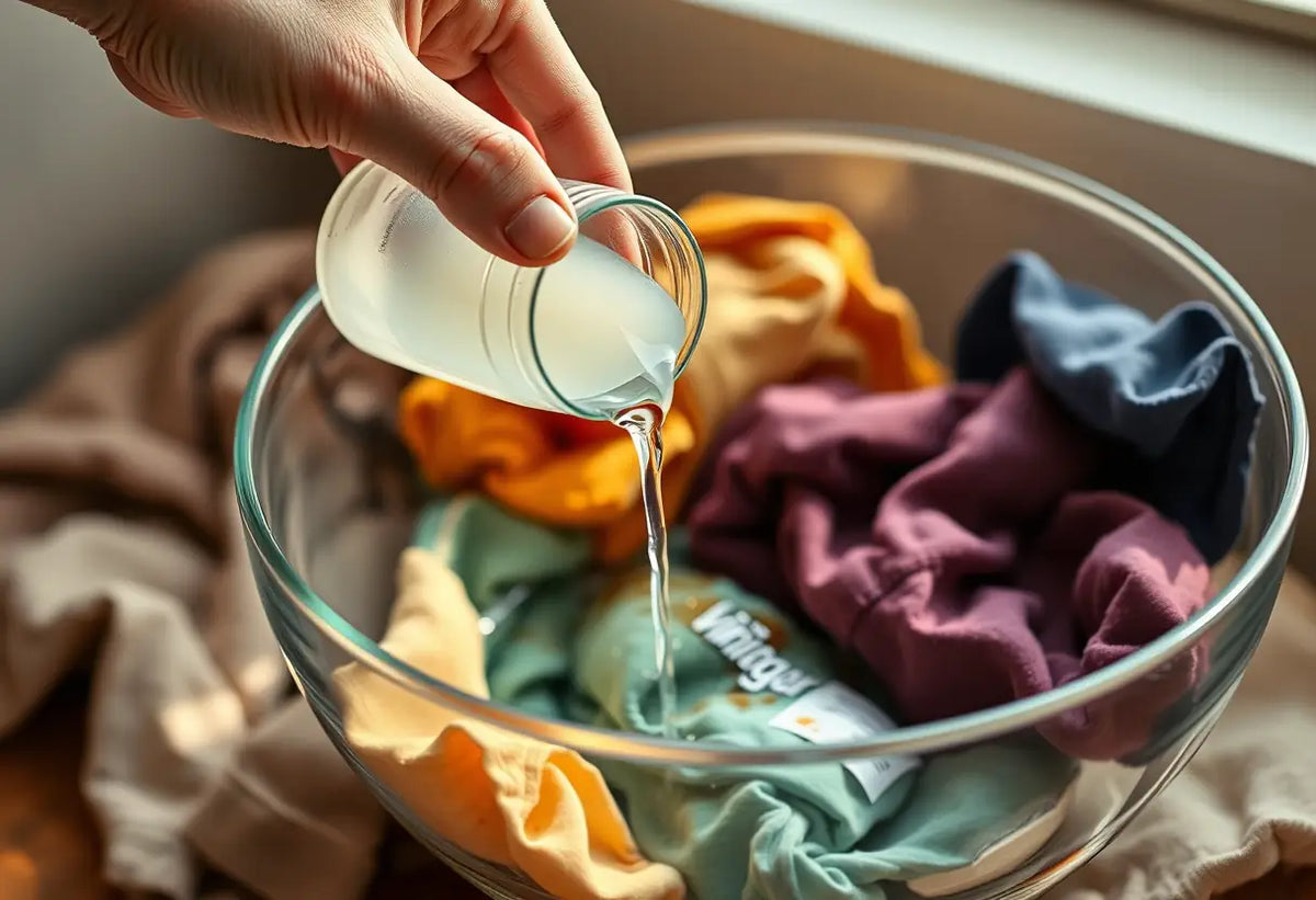 Une main verse du vinaigre blanc dans un grand bol contenant des vêtements colorés avec des taches déteintes