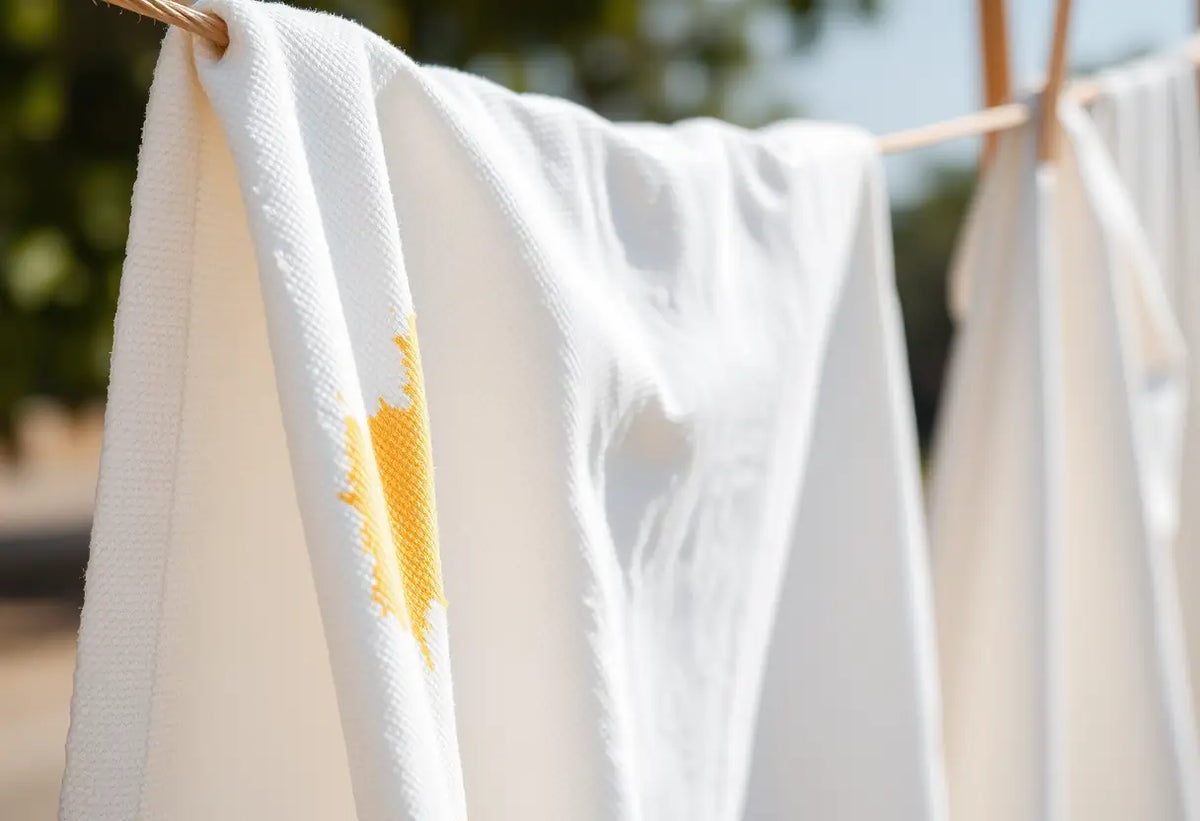 Un torchon blanc accroché à une corde à linge présentant une tache jaunâtre.