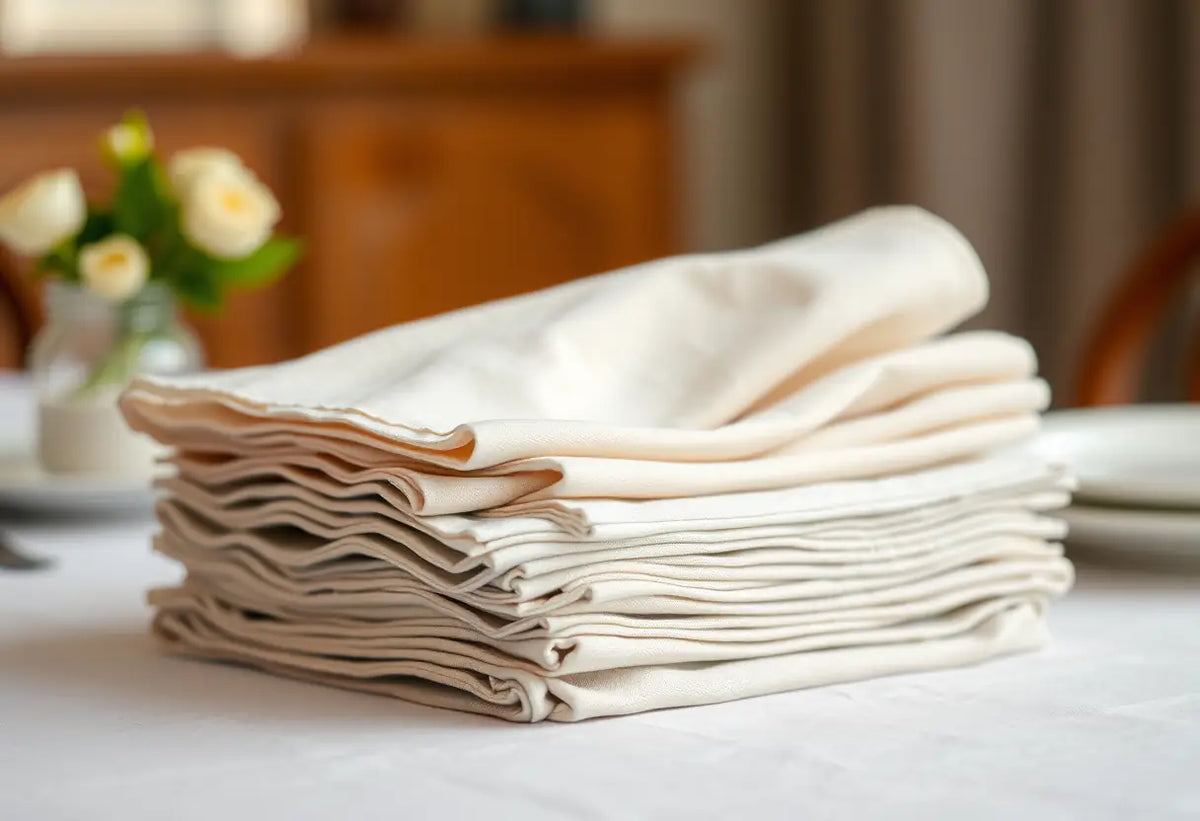 Un tas de serviettes en lin pliées sur une table de salle à manger