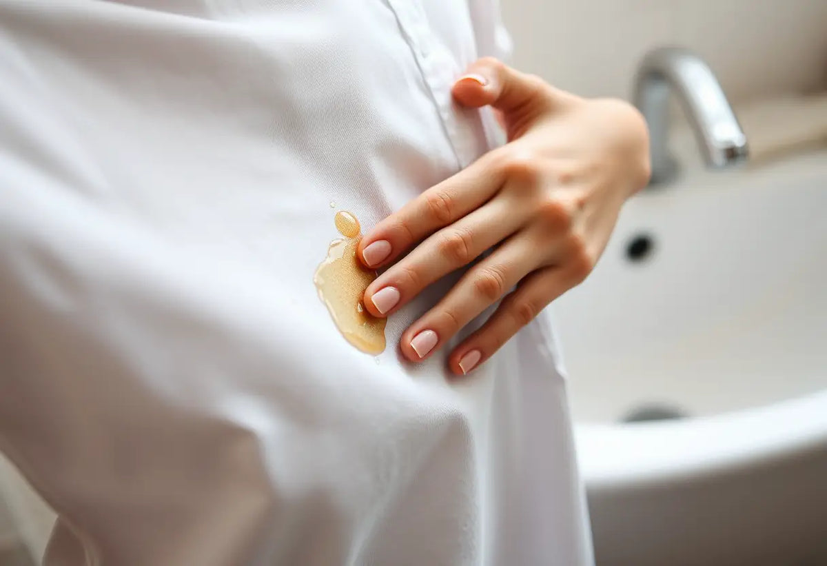 Main: main de femme frottant une tache sur un pull en coton, avec un lavabo blanc en arrière-plan.