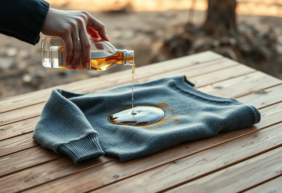 Une main verse de l'alcool sur un pull en laine taché posé sur une table en bois en plein air