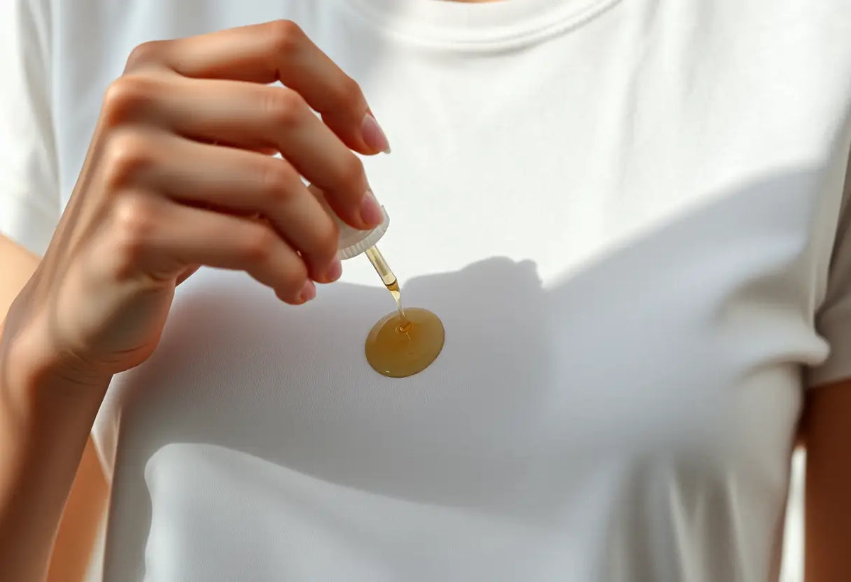 Main: une main appliquant un solvant sur une tache sur un t-shirt en coton.