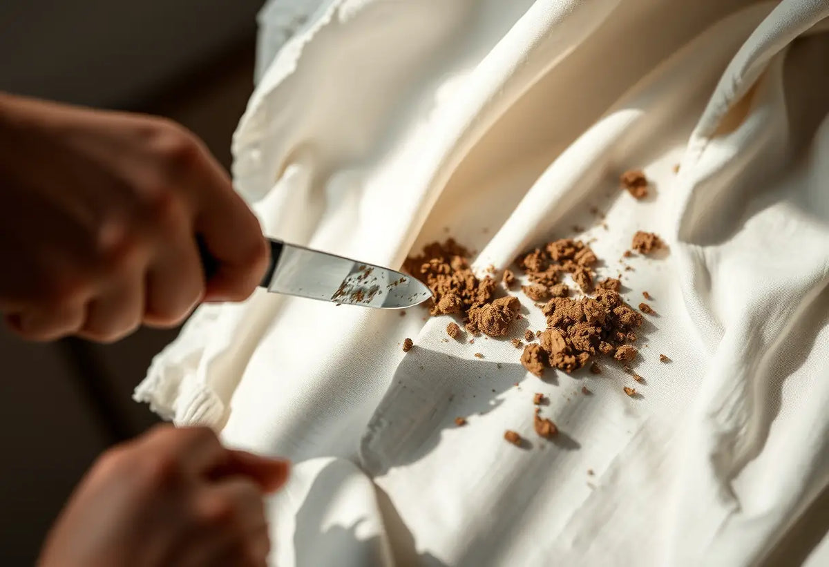 Une main retire délicatement des particules de boue sèches d'un tissu