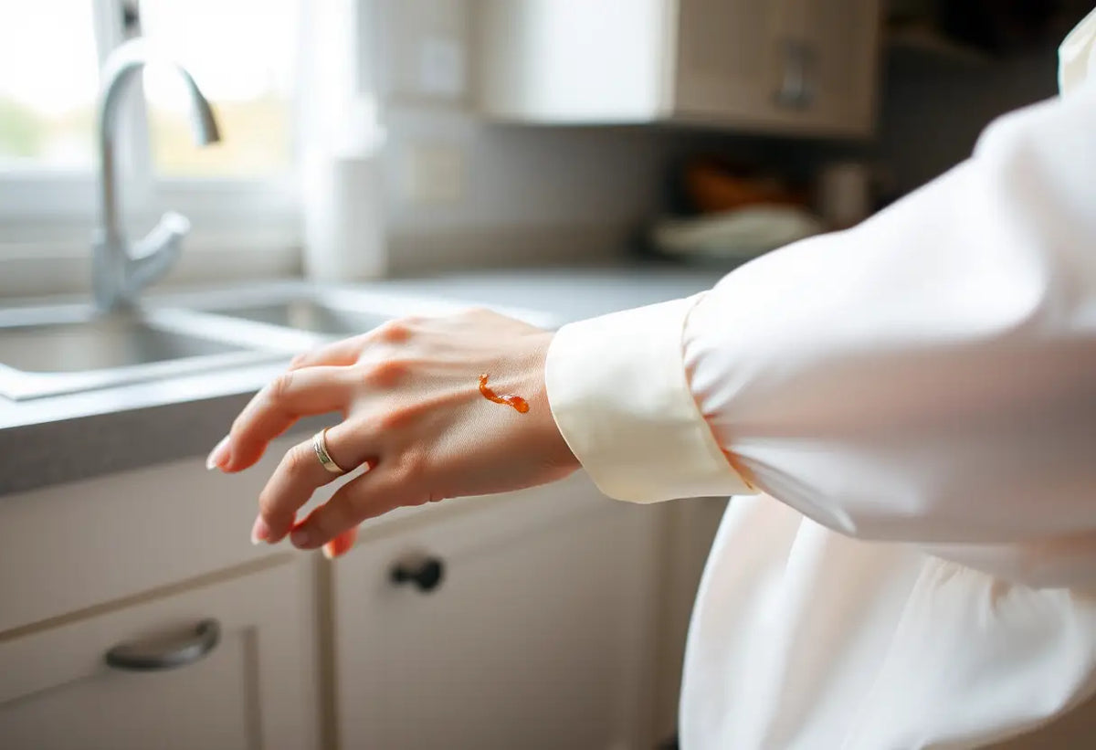 Une main retire délicatement une tache d’un vêtement en soie dans la cuisine.