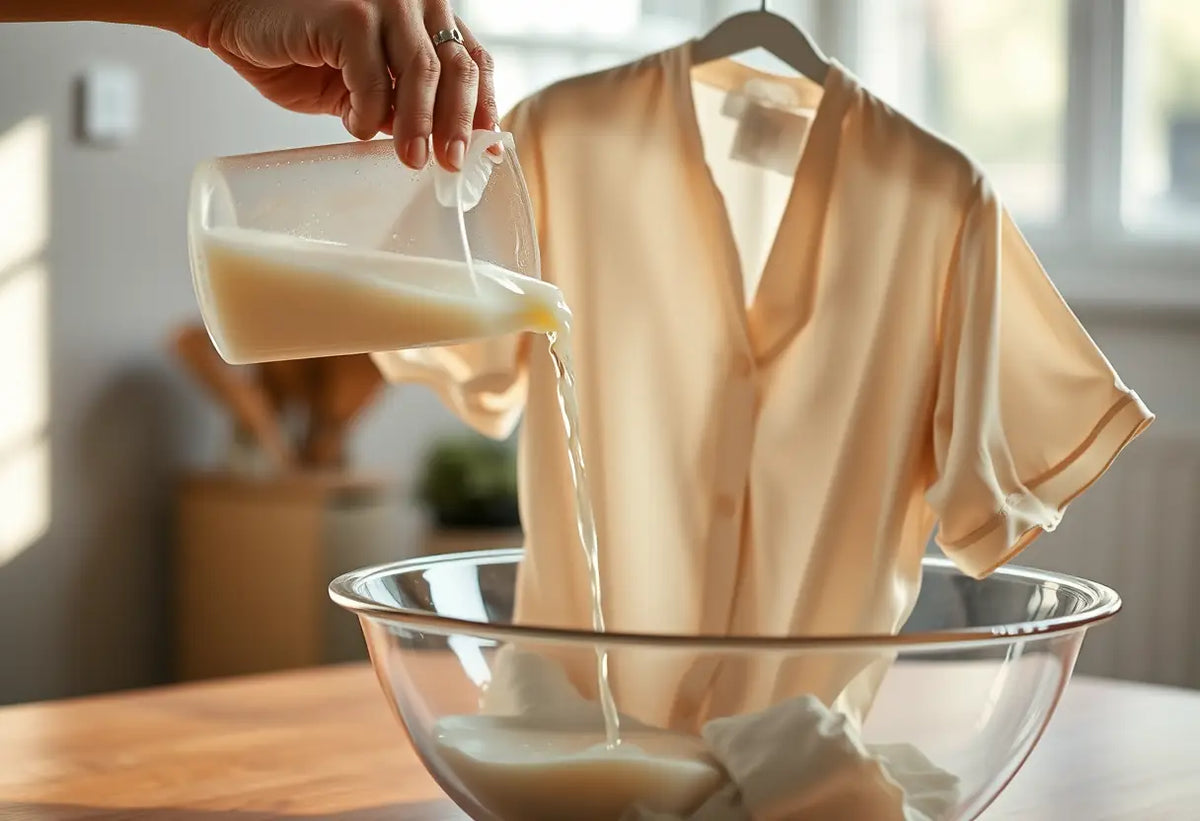 Une main verse un détergent liquide dans un seau contenant une chemise en soie tachée.
