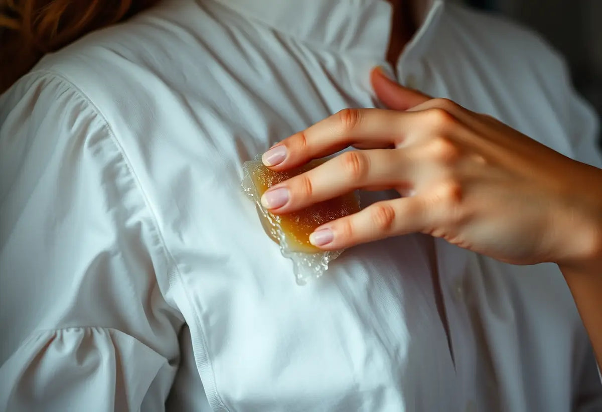 Une main féminine effleure délicatement une pièce de cire congelée sur un chemisier en coton blanc dans un congélateur.