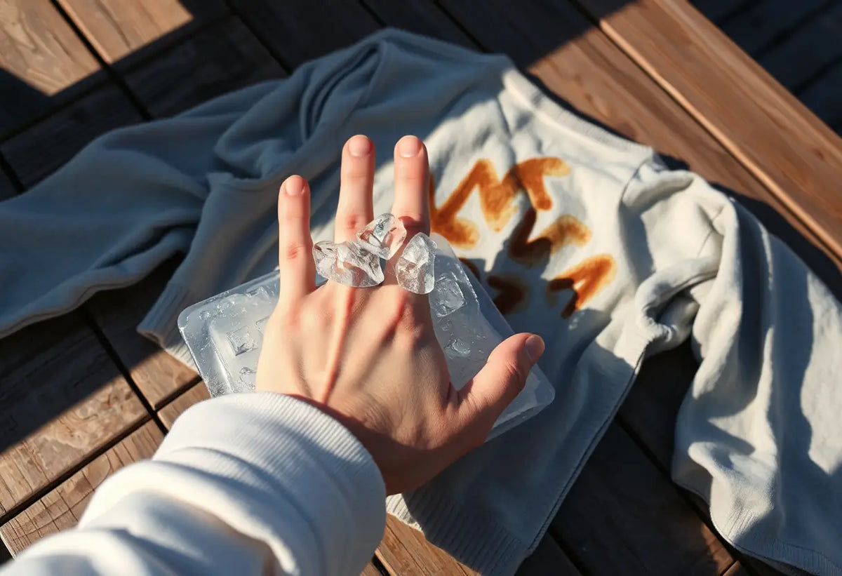 Main tenant un paquet de glace posé sur un vêtement sali par de la cire, sur une table en bois