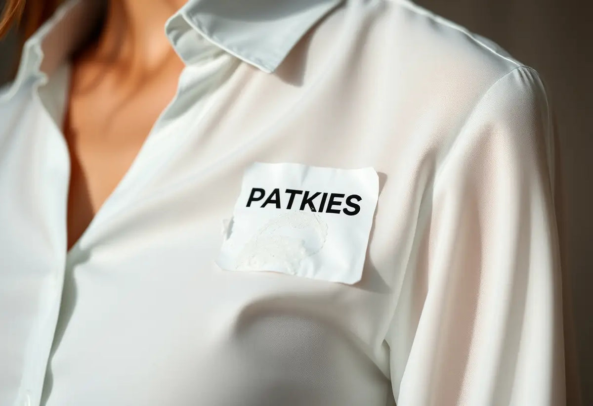 Un plan rapproché d'une chemise en polyester nettoyée avec de l'acétone montre la résiduelle d'un autocollant retiré