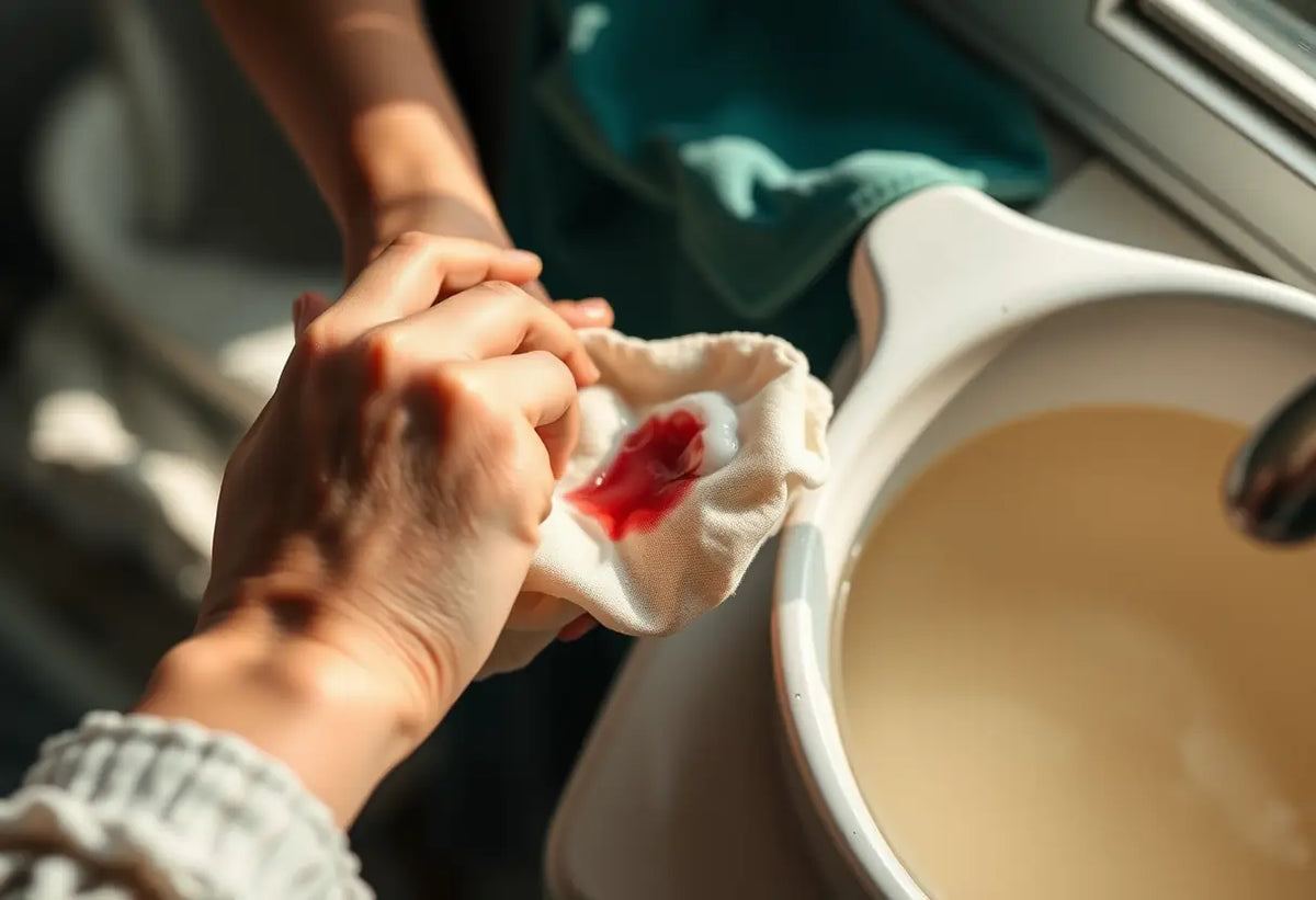 Main: une main féminine frottant doucement du savon sur une tache fraîche sur un tissu fin
