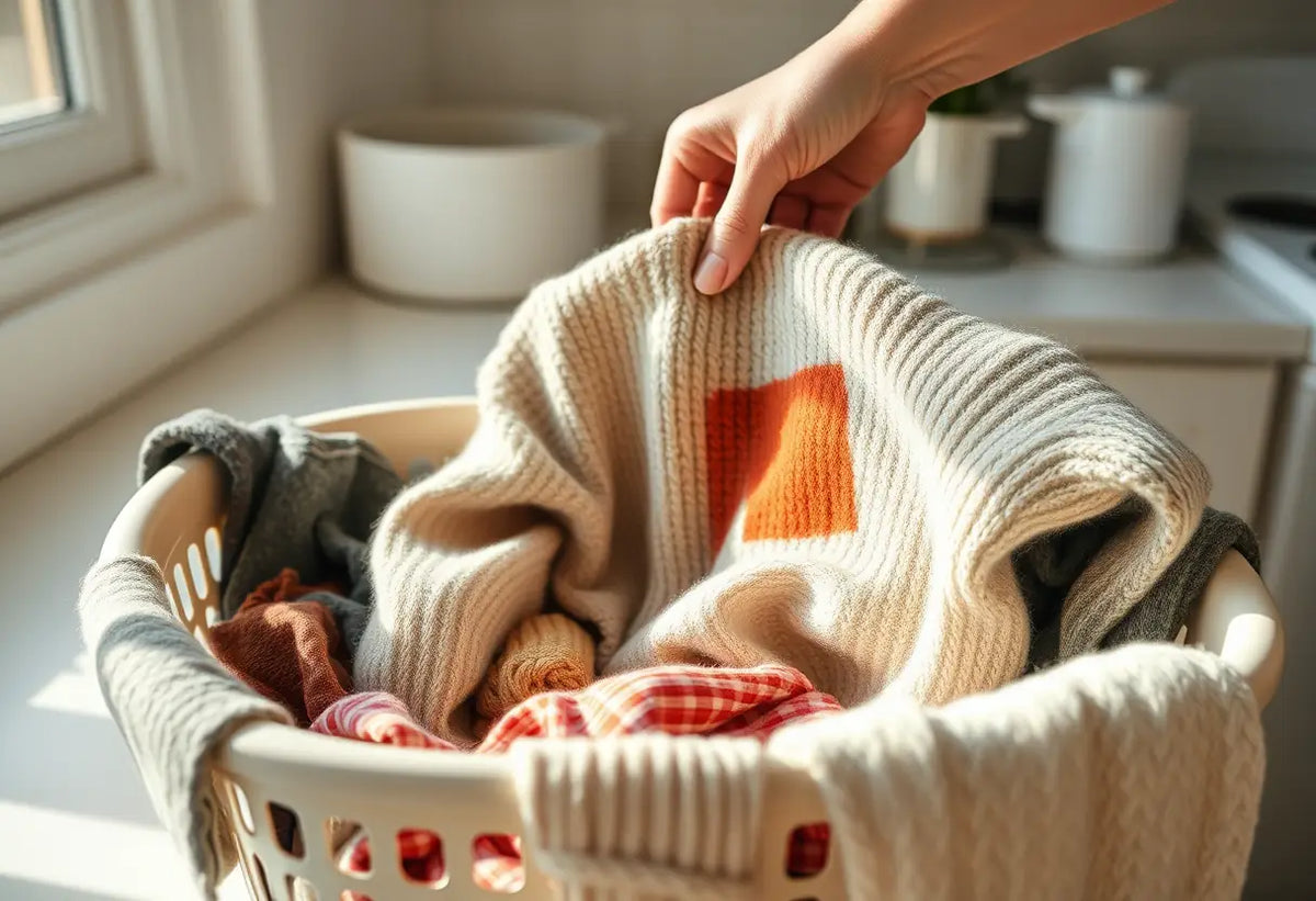 Une main examine un pull en laine taché de colle super glue, guide pour nettoyer les textiles.