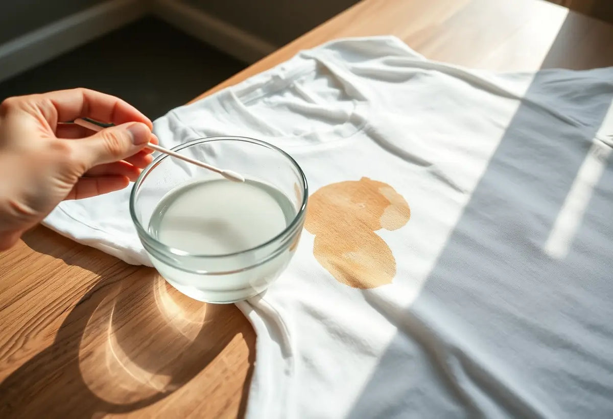 Main de quelqu'un qui retire de la colle avec un coton-tige imbibé de vinaigre blanc sur un vêtement en polyester