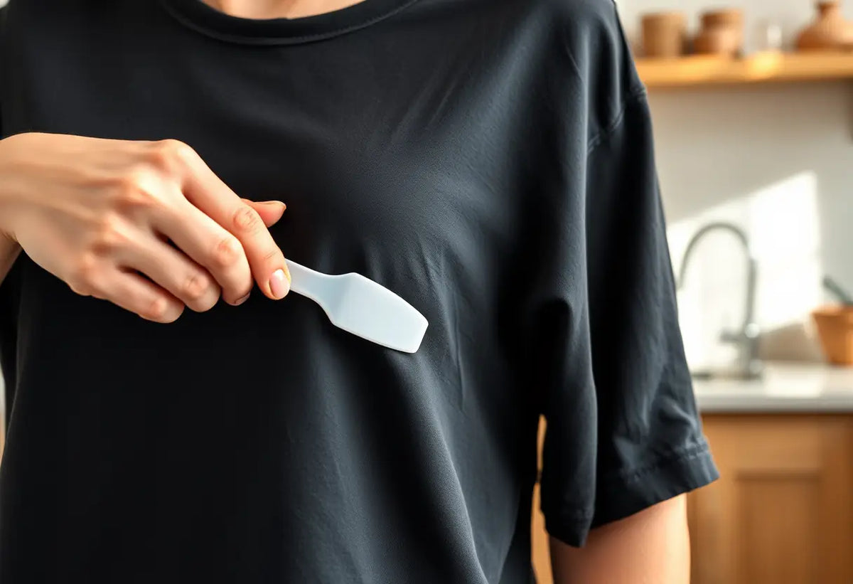 Main: main de femme retirant de la colle d'un vêtement noir en coton