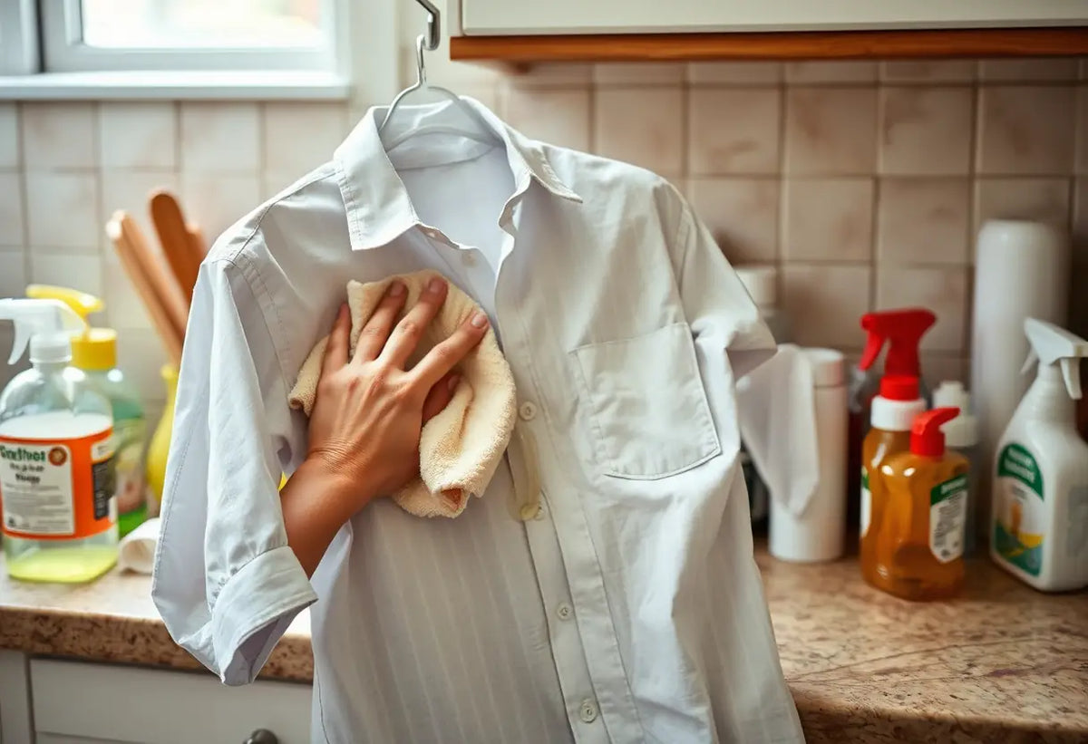 Une main applique un chiffon imbibé de vinaigre sur un haut en lin dans une cuisine.