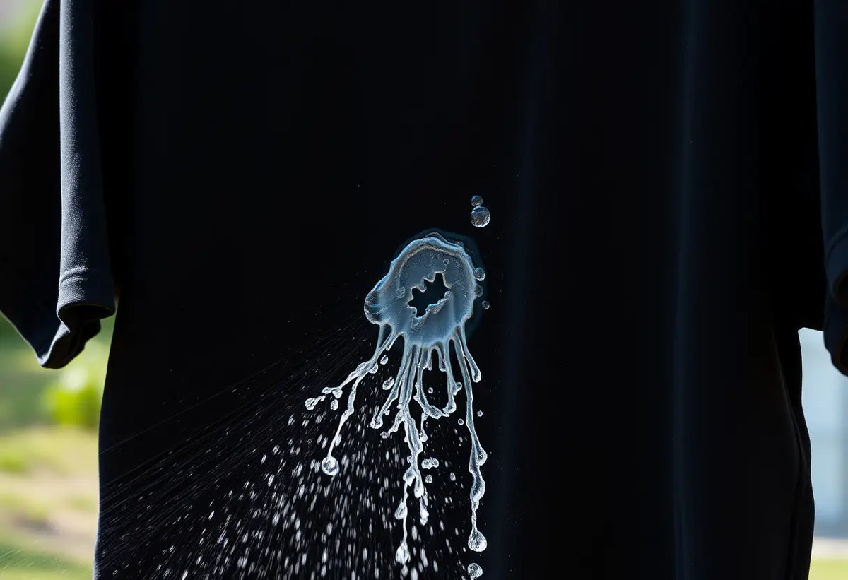 Un vêtement noir pendu à une corde à linge montrant une tache d'adhésif qui s'en va sous l'eau
