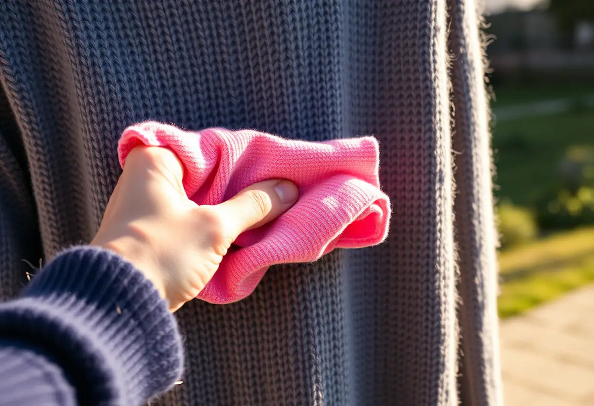 Une main essuie une tache sur un pull en laine, dehors en après-midi