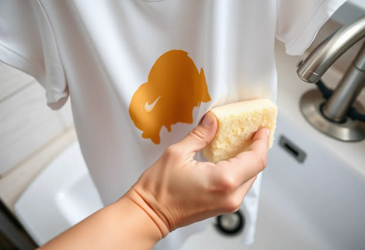 Main dans un T-shirt en coton maculé de crème solaire, près de l'évier