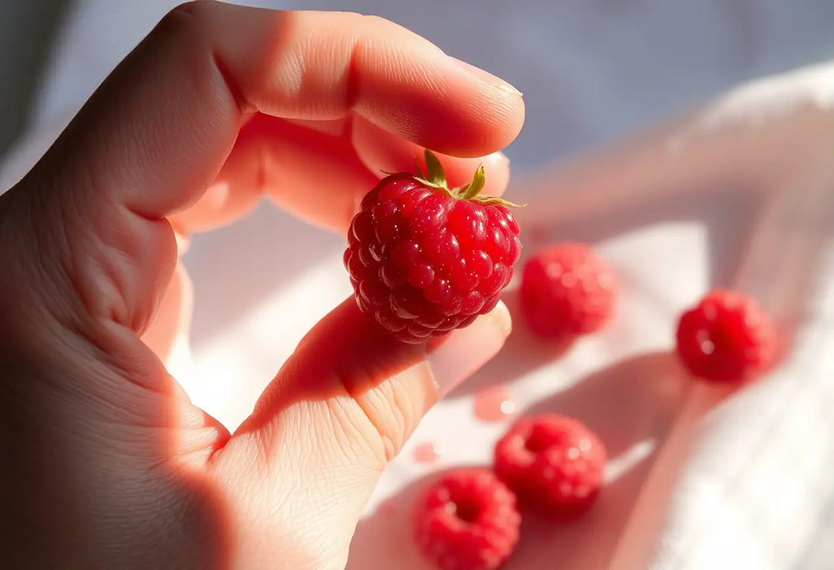 Une main tenant une fraise mûre avec des gouttes de jus sur le fruit et le tissu