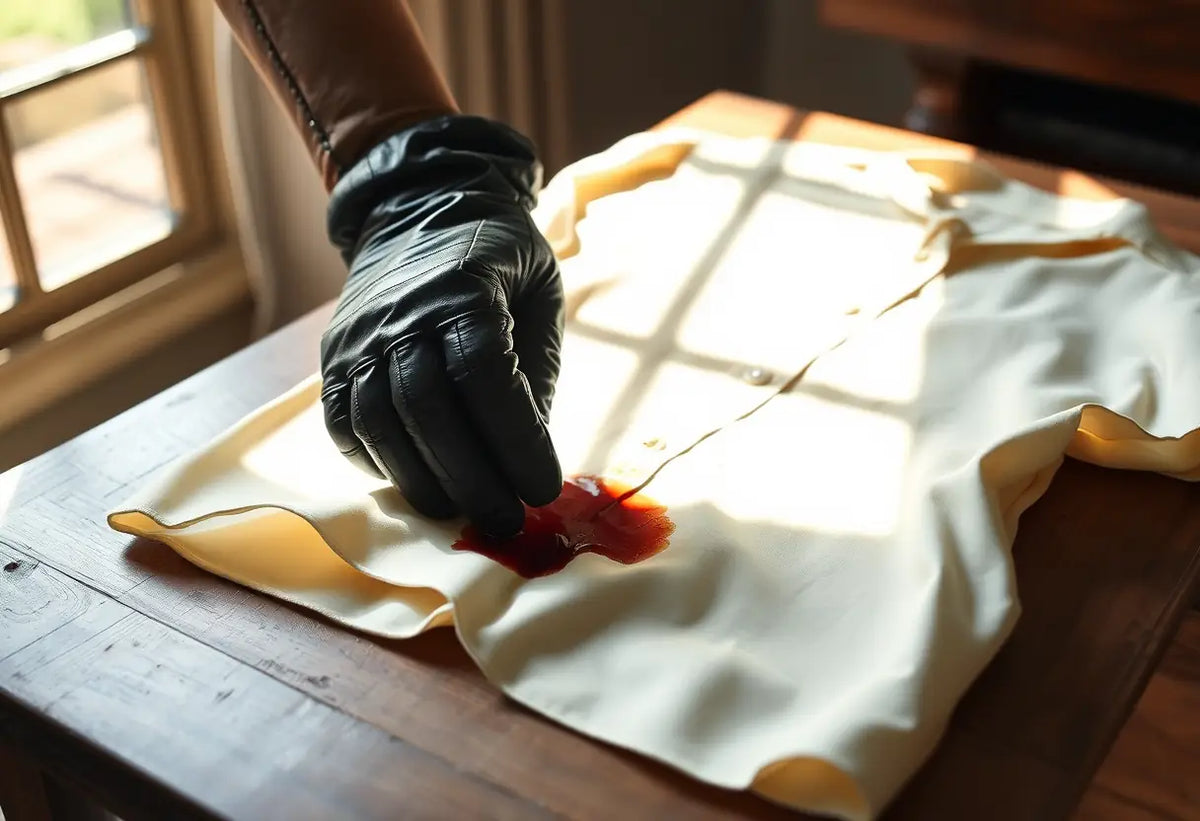 Une main gantée de cuir frotte une tache sur une chemise en soie posée sur une table en bois.