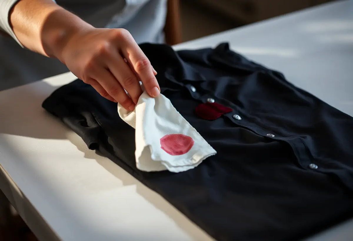 Une main tenant une serviette essuie une tache sur un t-shirt foncé sur une table de cuisine