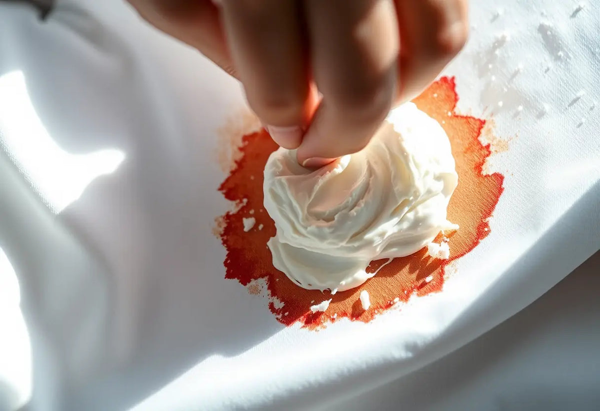 Une main applique une pâte à base de bicarbonate de soude sur une tache de graisse sur un vêtement blanc.