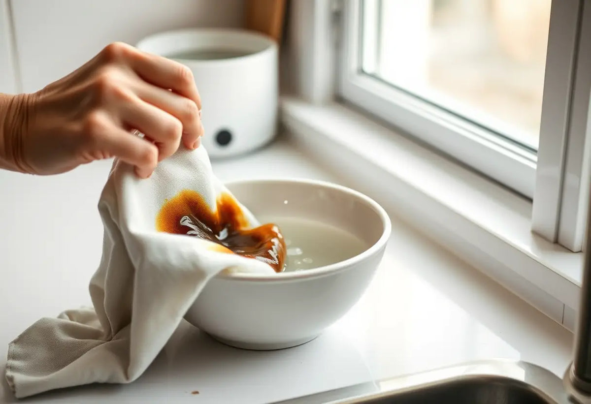 Main: maine de femme appliquant de l'eau sur une tache de graisse sur un vêtement dans une cuisine.