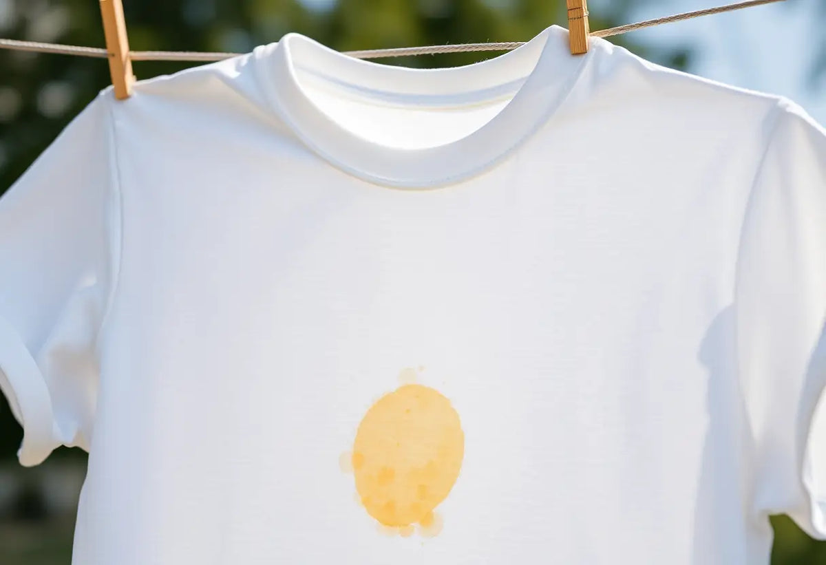 Un tee-shirt blanc avec une tache légèrement jaunâtre due à l'eau de Javel, suspendu à une corde à linge.