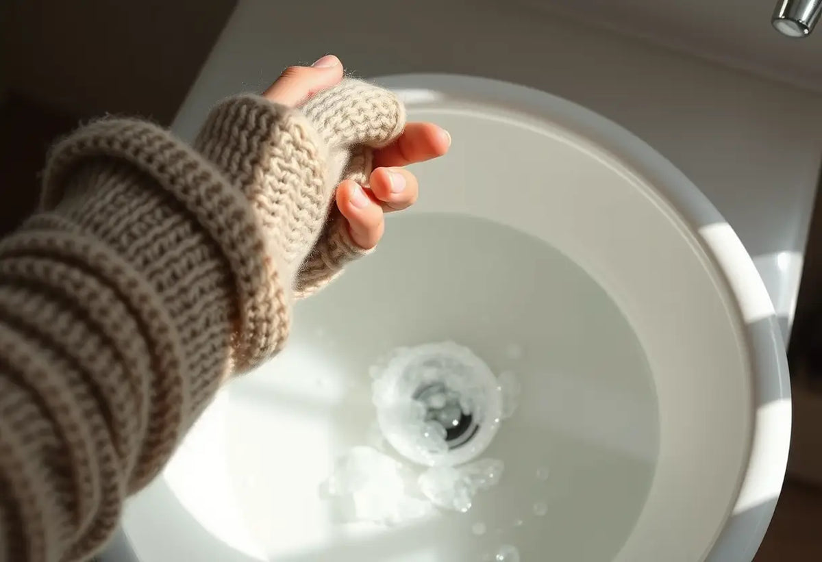 Une main tient un pull en laine au-dessus d'un lavabo en porcelaine rempli d'eau savonneuse