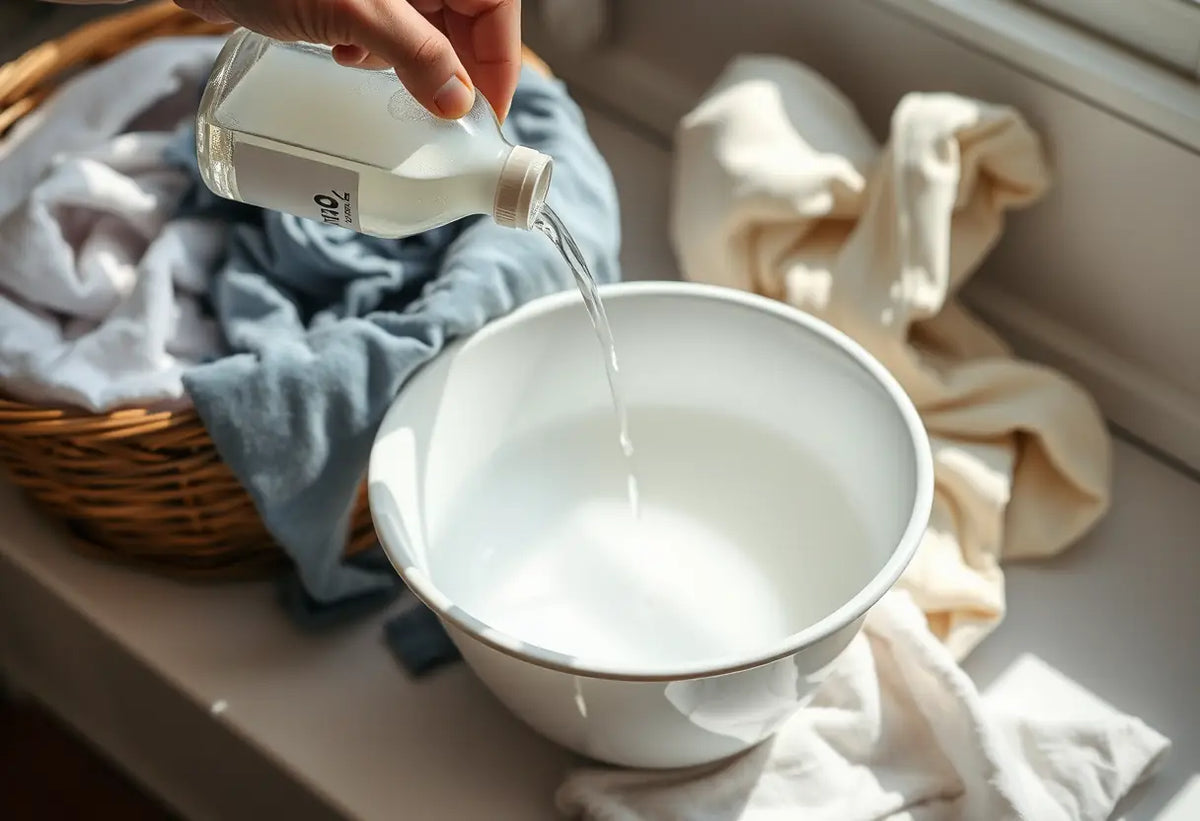 Une main verse du vinaigre blanc dans un seau d'eau, près d'un panier de vêtements salis, éclairé par la lumière du jour.