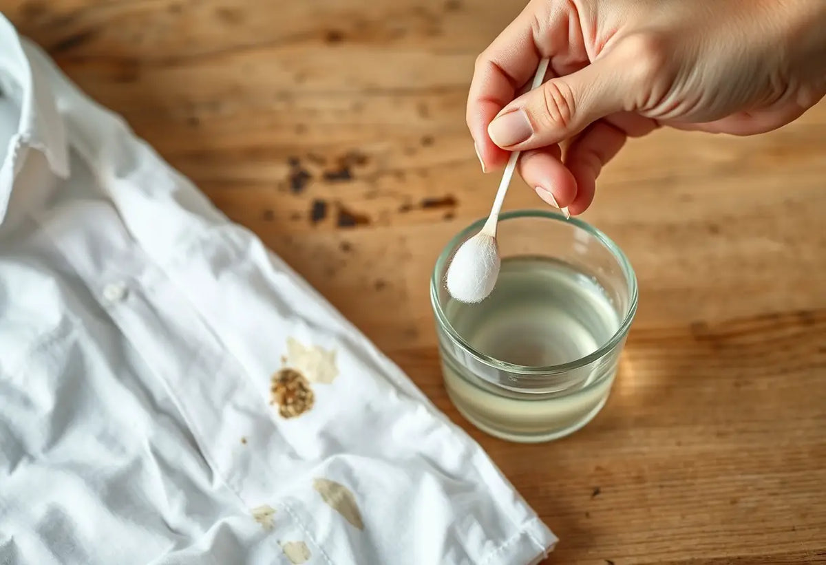 main tenant un coton-tige imbibé de vinaigre près d'un vêtement blanc avec des taches de moisissure