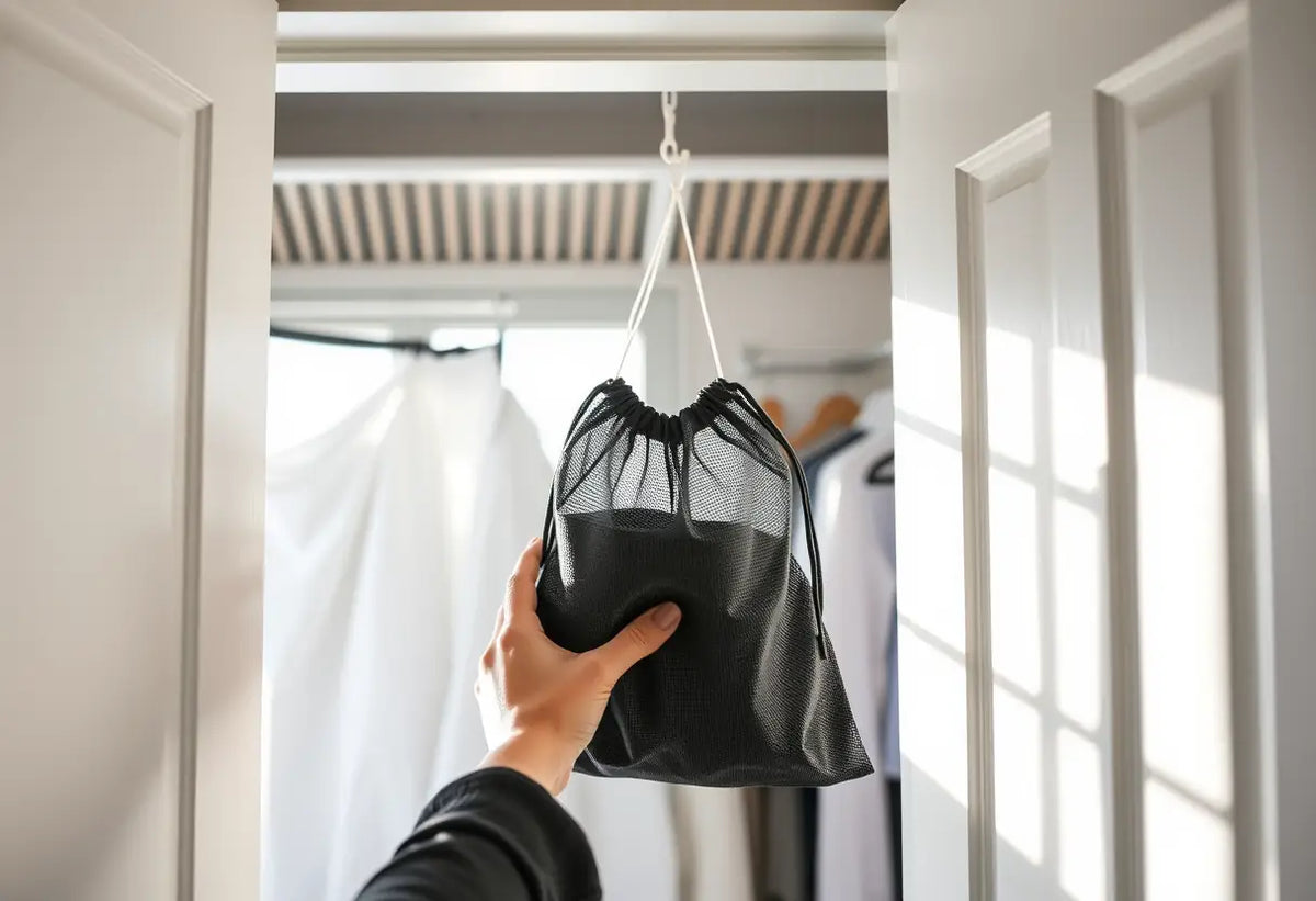 Une main saisit un sac de charbon actif dans un placard bien aéré, pour absorber l'humidité.