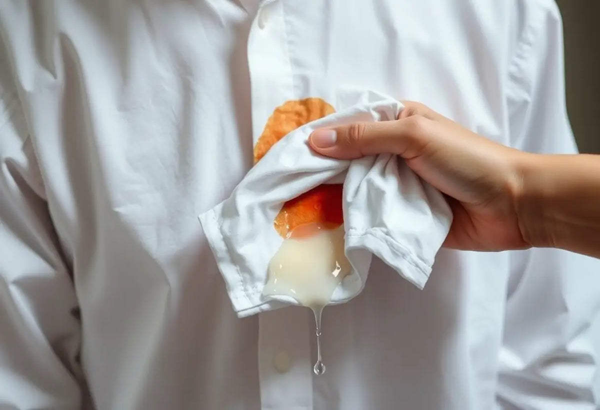 Une main essuie délicatement une tache sur un tee-shirt en coton