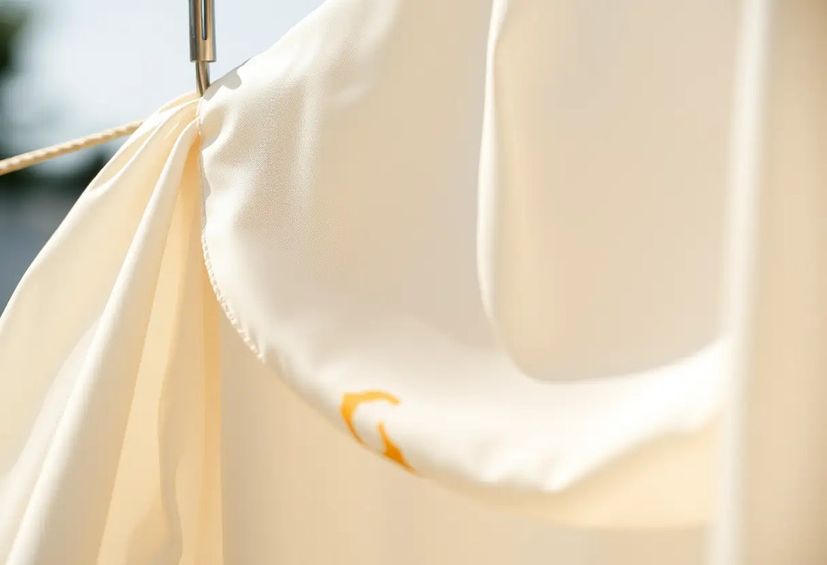 Chemise en soie délicate accrochée à la corde à linge avec une tache de pâte à fixe visible