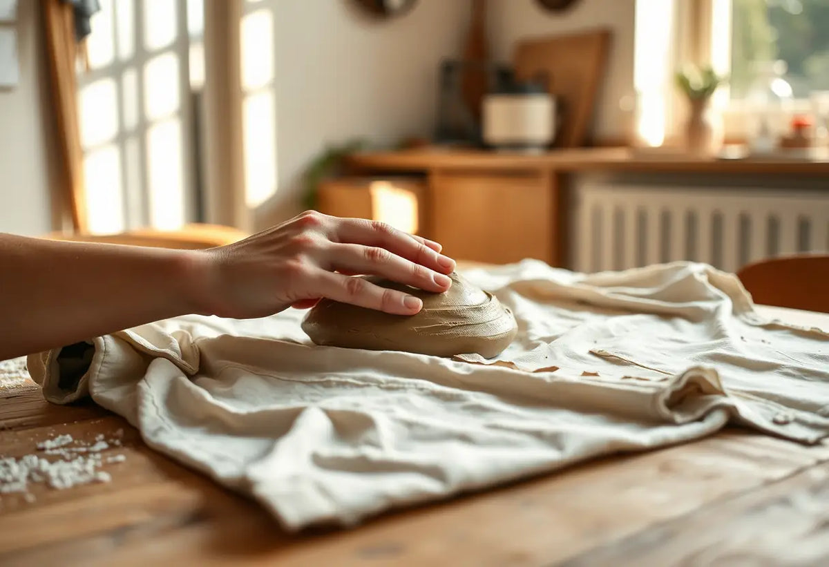 Une main retire de la pâte à modeler d’un tee-shirt en coton étalé sur une table de cuisine