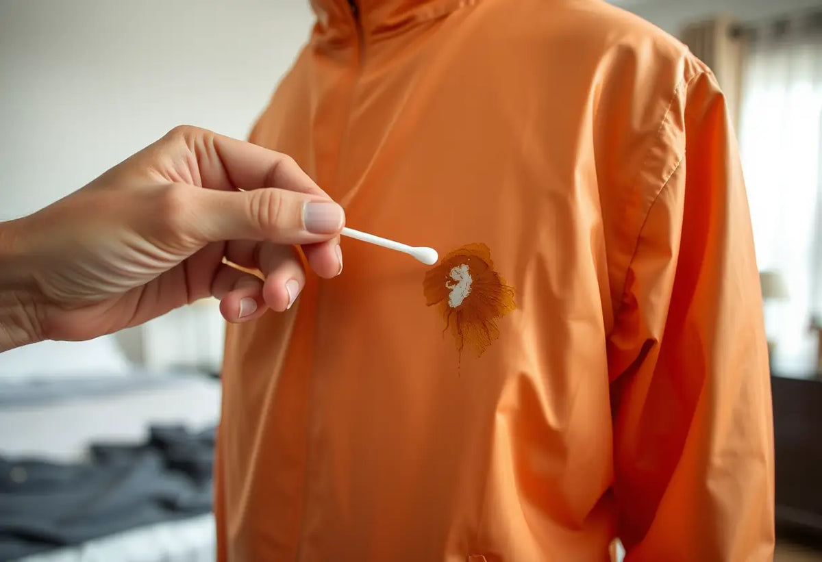 Main tenant un tampon imbibé d'alcool à friction appliquant une solution sur une tache de peinture sèche sur un manteau en polyester dans une chambre