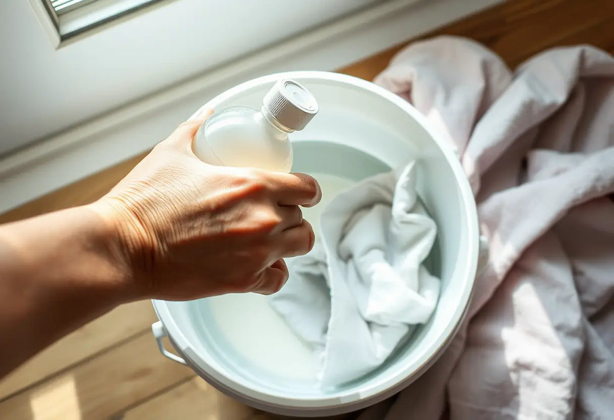 Une main tenant une bouteille de white-spirit près d’un seau d’eau avec un vêtement qui trempe dedans.
