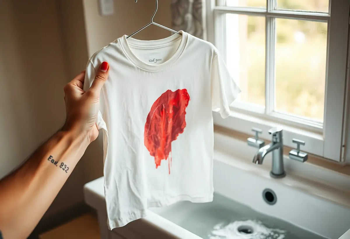 Une main tenant un tee-shirt en coton maculé de peinture acrylique près d'un lavabo