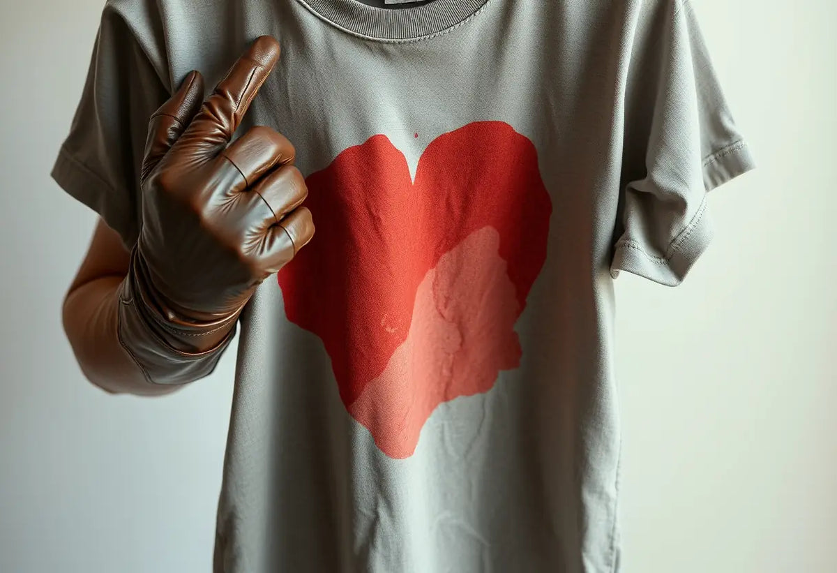 Une main gantée de cuir soulève un t-shirt en coton traité avec de l'alcool isopropylique pour enlever une tache de peinture.