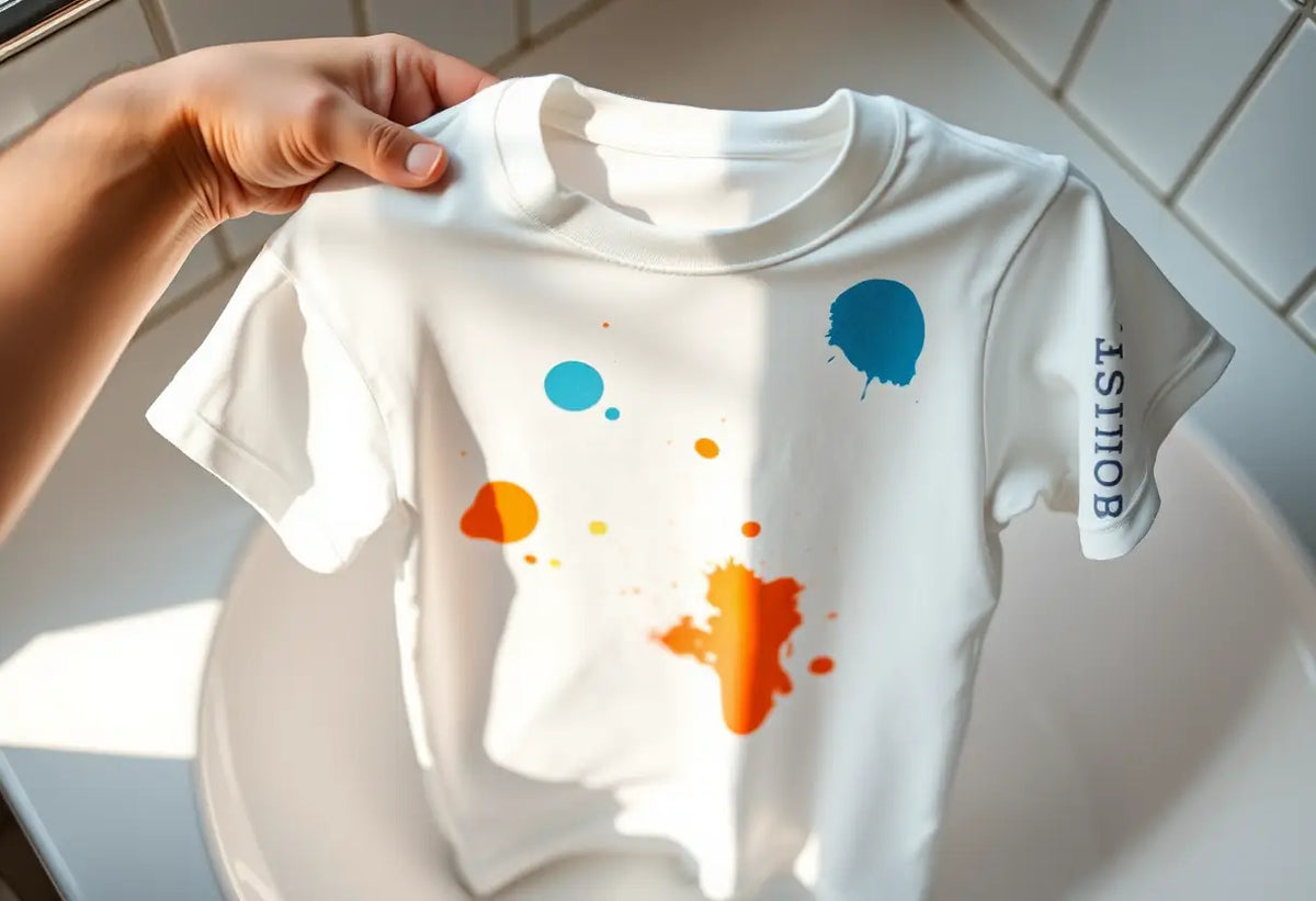Une main tient un T-shirt en coton avec des éclaboussures fraîches de peinture, prêt à être lavé.