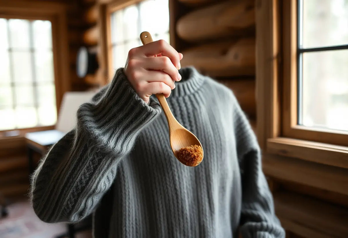 Main: maine de résine de pin retirée d'un pull en laine à l'aide d'une cuillère en bois dans une cabane de forêt.