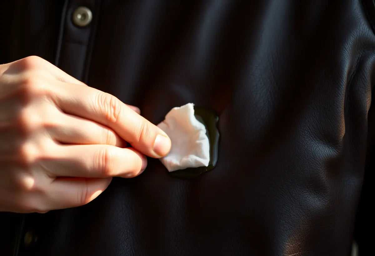 Une main applique de l'huile d'olive sur une tache sur un blouson en cuir
